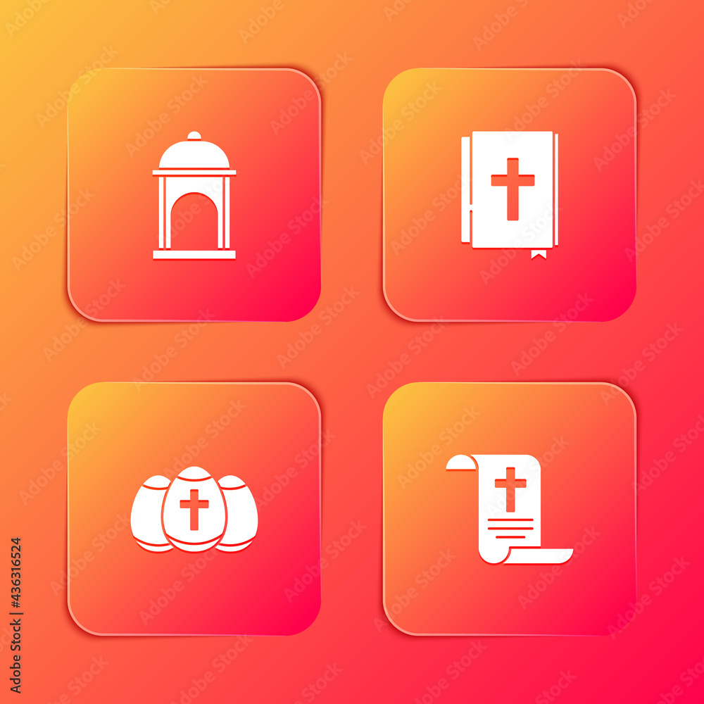 Set Muslim Mosque, Holy bible book, Easter egg and Decree, paper, parchment, scroll icon. Vector Set Muslim Mosque, Holy bible book, Easter egg and Decree, paper, parchment, scroll icon. Vector