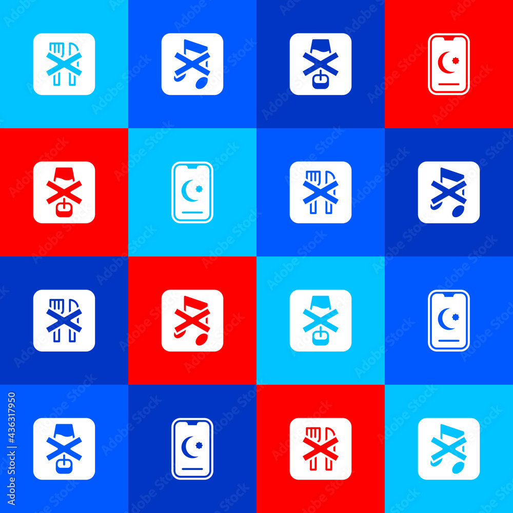 Set Ramadan fasting, Speaker mute, No alcohol and Star and crescent icon. Vector Set Ramadan fasting, Speaker mute, No alcohol and Star and crescent icon. Vector