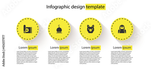 Set Traditional carpet, Muslim Mosque, Pig and woman in niqab. Business infographic template. Vector