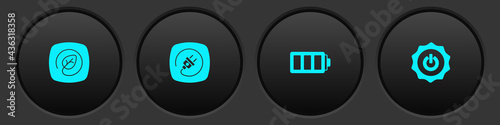 Set Location with leaf, Electric plug, Battery and Power button icon. Vector