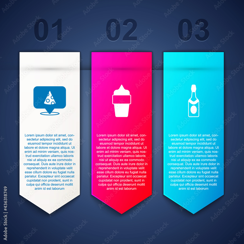 Set Slice of pizza, Ice cream in waffle cone and Champagne bottle. Business infographic template. Vector