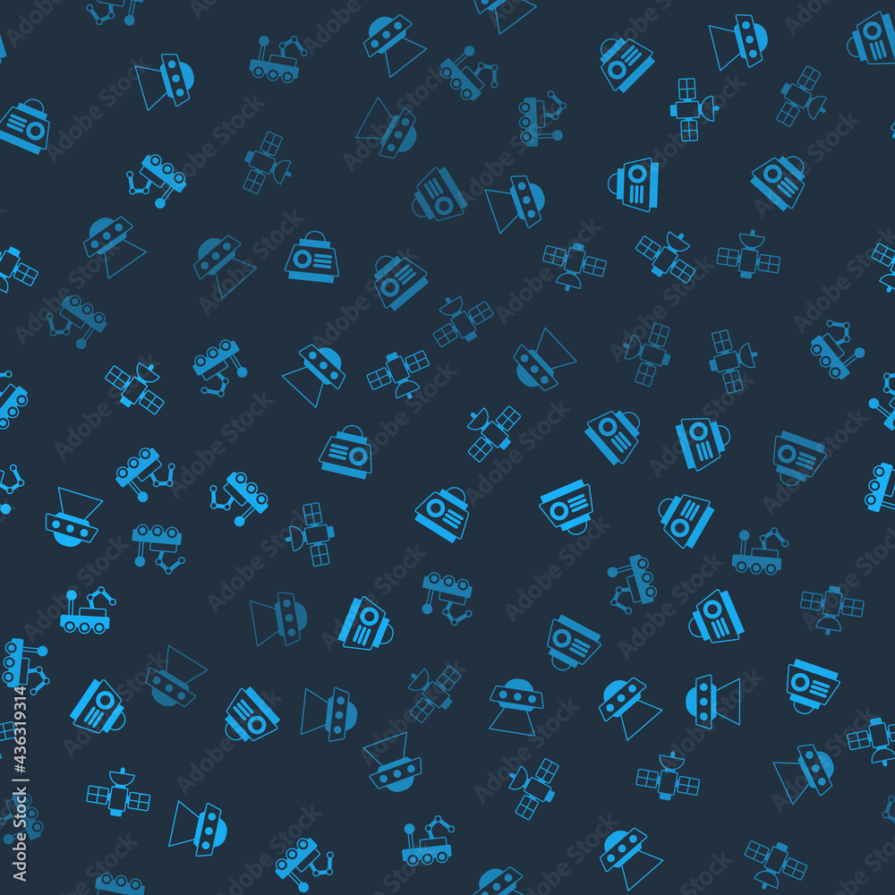 Set UFO flying spaceship, Space capsule, Satellite and Mars rover on seamless pattern. Vector Set UFO flying spaceship, Space capsule, Satellite and Mars rover on seamless pattern. Vector