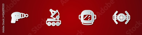 Set Ray gun, Mars rover, Astronaut helmet and Cosmic ship icon. Vector