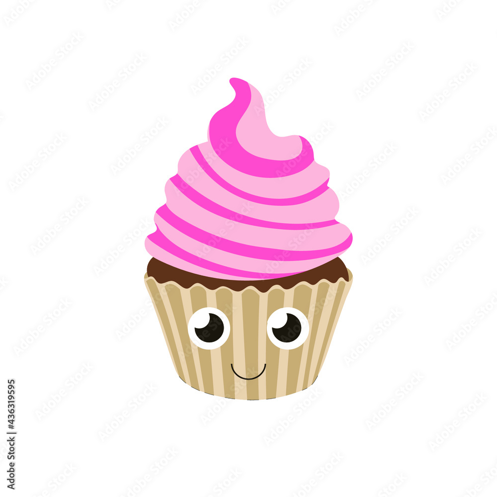Vector smiling cute cupcake illustration isolated on white background, pink cream chocolate cupcake.
