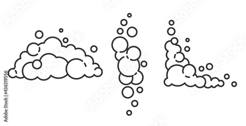 Soap foam cloud with bubbles. Flat vector set of line icons. Illustration of suds, foam, smoke, shampoo, gel and cleanser. photo