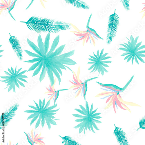 Blue Pattern Hibiscus. Indigo Seamless Textile. Cobalt Tropical Textile. White Flower Plant. Azure Floral Illustration. Wallpaper Textile. Decoration Painting.