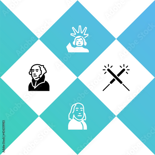 Set George Washington, Benjamin Franklin, Statue of Liberty and Sparkler firework icon. Vector