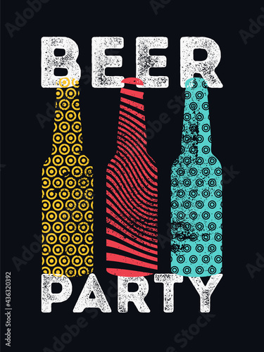 Beer party typographical vintage style grunge poster design with abstract geometric pattern bottles. Retro vector illustration.