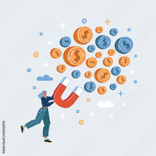 Vector illustration of Business concept of woman hold magnet attract money