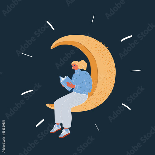 Vector illustration of Woman reading a book, sitting on the crescent Moon on dark backround.