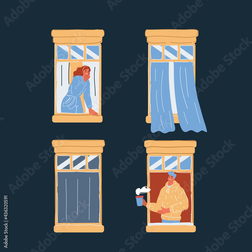 Vector illustration of neighbors people talk to each other out window on dark backround.