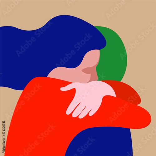 vector flat highly stylized illustration of two people hugging in a non standard color palette. the illustration can be used as a postcard for Valentine's Day or International Hug Day.