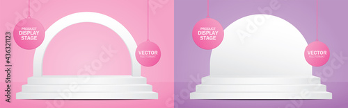 White steps with semicircle arch backdrop 3d illustration vector on sweet pastel background for putting your object