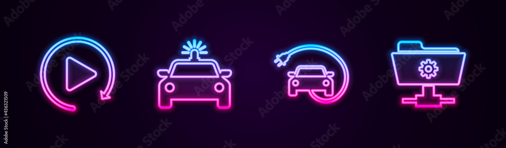 Set line Video play button, Police car and flasher, Electric and FTP settings folder. Glowing neon icon. Vector Set line Video play button, Police car and flasher, Electric and FTP settings folder. Glowing neon icon. Vector