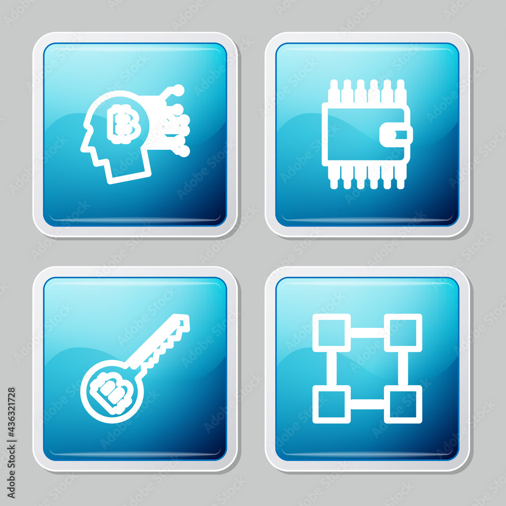 Set line Bitcoin think, Cryptocurrency wallet, key and Blockchain technology icon. Vector Set line Bitcoin think, Cryptocurrency wallet, key and Blockchain technology icon. Vector