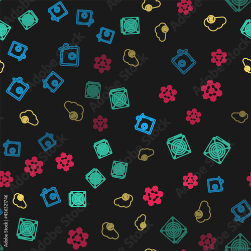 Set line Proof of stake, ASIC Miner, Cryptocurrency cloud mining and Blockchain technology on seamless pattern. Vector