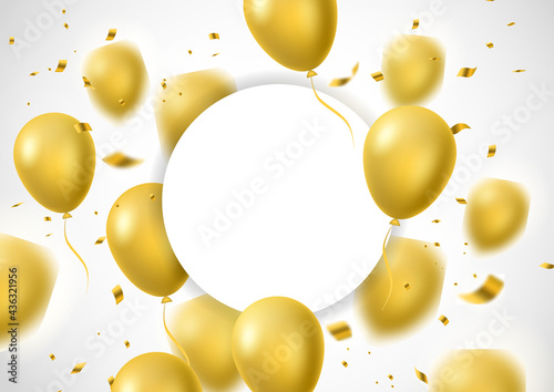 Gold balloon, decorative design with circle paper for your text isolated white background. Vector illustration
