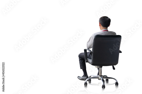 Fotomurale Back view of young  businessman sitting at the chair thinking  on white or isolated background , copy space for text