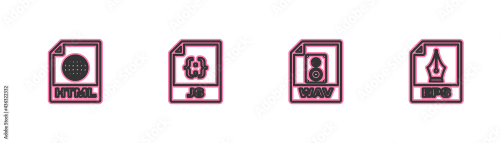Set line HTML file document, WAV, JS and EPS icon. Vector Set line HTML file document, WAV, JS and EPS icon. Vector
