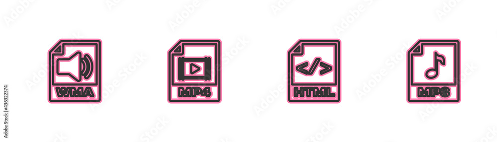 Set line WMA file document, HTML, MP4 and MP3 icon. Vector Set line WMA file document, HTML, MP4 and MP3 icon. Vector