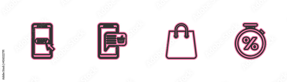 Set line Mobile and shopping cart, Handbag, basket and Stopwatch percent icon. Vector
