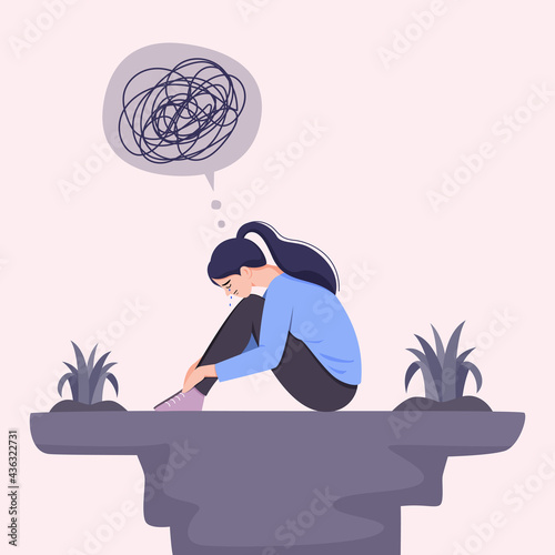 Young woman in depression hugging her knees and crying, flat vector illustration.