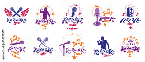Karaoke party or club logos and emblems vector set isolated, singing music nightlife entertainment weekend theme, microphones and musical notes compositions.