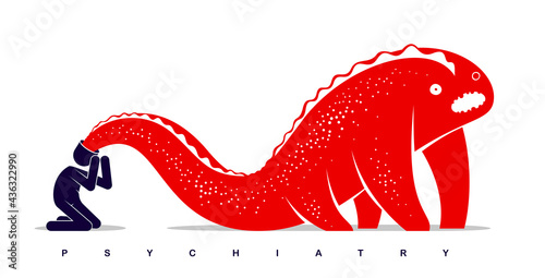 Psychical problems such as phobia psychosis schizophrenia hallucinations vector concept illustration in flat trendy style, psychiatry and psychology allegory, man with monster from his head.