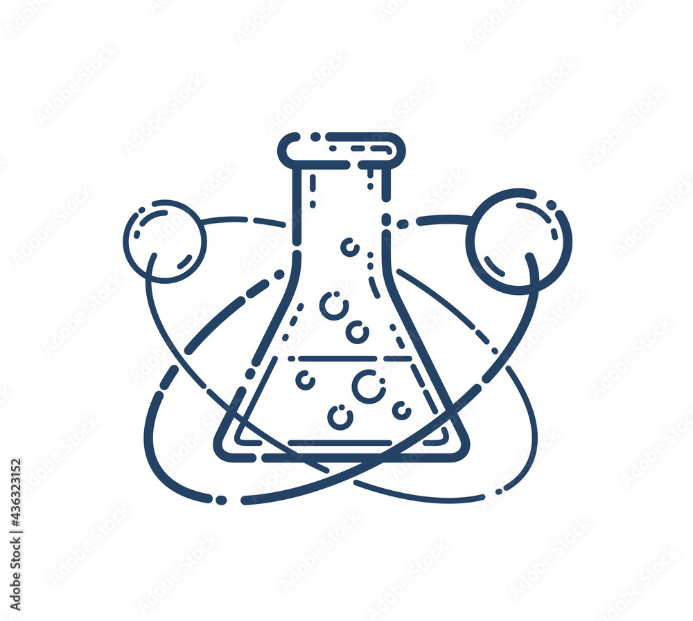 Chemical flask and atom vector simple linear icon, science chemistry line art symbol, laboratory research. Chemical flask and atom vector simple linear icon, science chemistry line art symbol, laboratory research.
