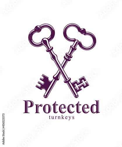 Crossed keys, protected secret, electronic data protection, keys to heaven, hotel label, vintage antique turnkeys vector logo or emblem.