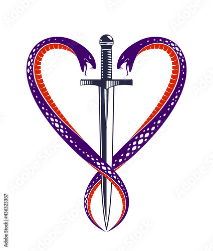 Fotografia Dagger and two snakes in a shape of heart vector vintage style emblem or logo, chivalry love and honor concept, medieval Victorian style