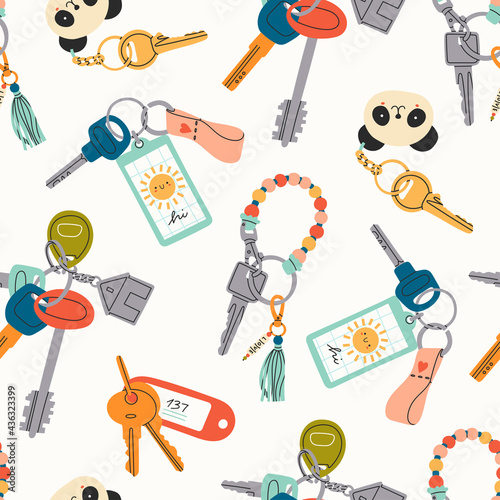 Various Keys with different Keychains. Keyholders and keyrings collection. Modern keys with pendants. Hand drawn Vector seamless Pattern. Home rental, property, real estate concept