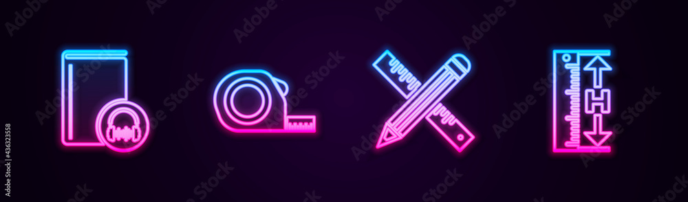 Set line Audio book, Roulette construction, Crossed ruler and pencil and Measuring height length. Glowing neon icon. Vector Set line Audio book, Roulette construction, Crossed ruler and pencil and Measuring height length. Glowing neon icon. Vector