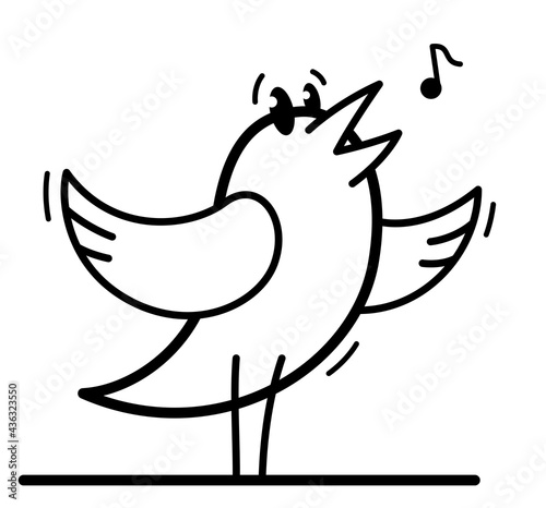 Little cute bird standing and singing birdsong funny cartoon flat vector illustration isolated on white.