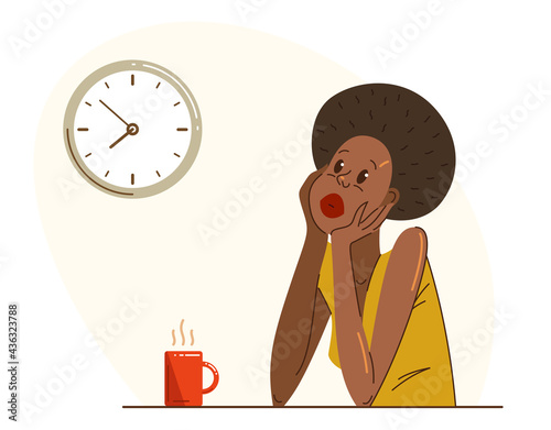 Young African ethnicity woman office worker having coffee break during a day vector flat illustration isolated, relaxed resting employee, job done, work finished, lazy.