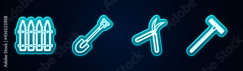 Set line Garden fence, shovel, Gardening handmade scissor and rake. Glowing neon icon. Vector