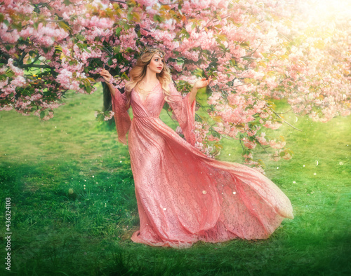  Obrazy Elfy   fantasy-happy-girl-elf-princess-walks-in-spring-blooming-garden-pink-flowers-sakura-tree-green-grass-summer-nature-long-lace-dress-wide-sleeves-flies-in-wind-motion-blonde-woman-queen-vintage-gown