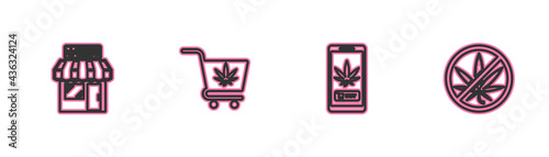Set line Marijuana and cannabis store, Online buying marijuana, Shopping cart with and Stop icon. Vector