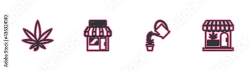 Set line Marijuana or cannabis leaf, Watering marijuana, and store and icon. Vector