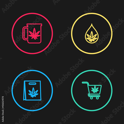 Set line Shopping bag of marijuana, cart with, Marijuana or cannabis leaf oil and Cup tea icon. Vector