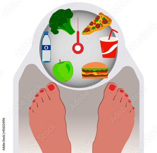 Feet of a person standing of the scales. Healthy and unhealthy food.