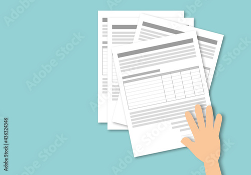 Documents and hand on blue background, application form, paperwork concepts, paper cut style.