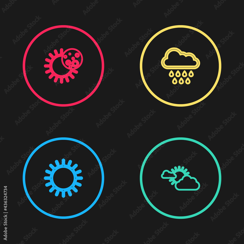 Set line Sun, and cloud weather, Cloud with rain and Eclipse of sun icon. Vector Set line Sun, and cloud weather, Cloud with rain and Eclipse of sun icon. Vector