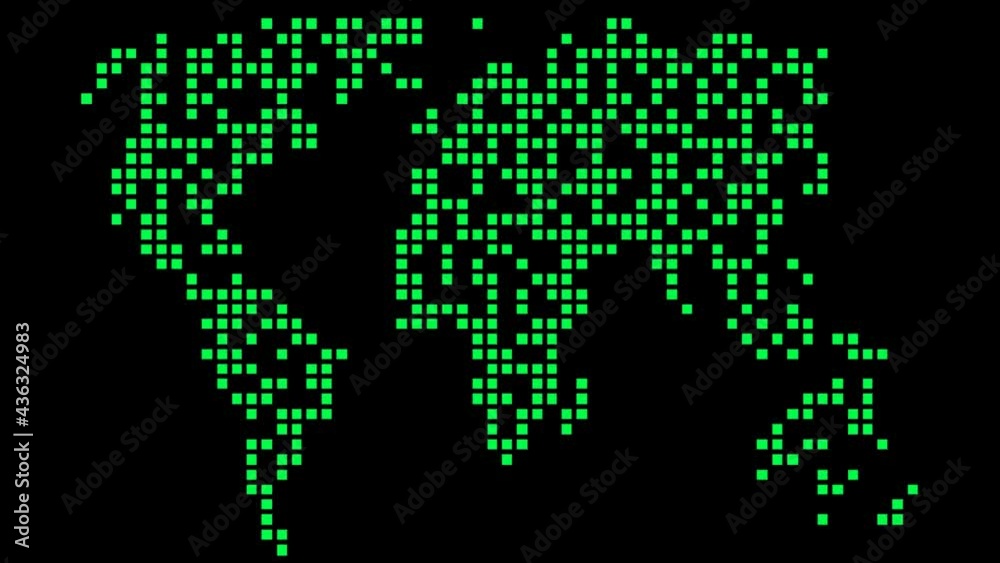 Earth map made with green pixel in a monitor. Switch off the world. Global cyber attack. Alarm with pixels that go out, black out.