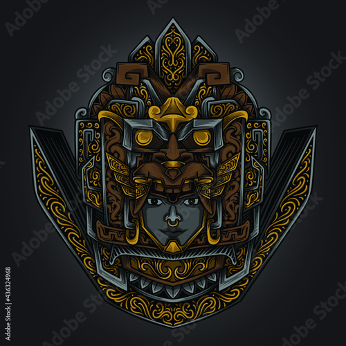 artwork illustration and t shirt design mayan aztec girl engraving ornament