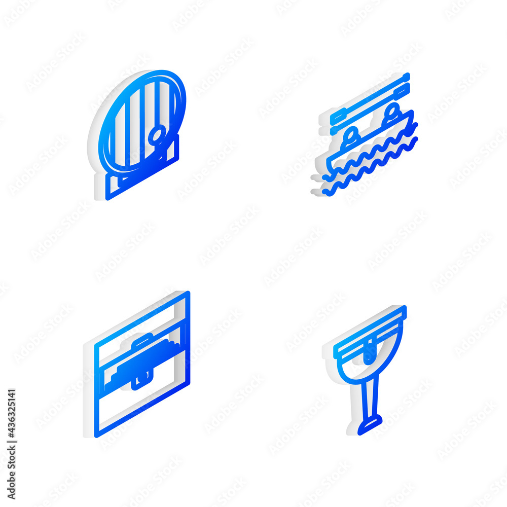 Set Isometric line Boat with oars, Wooden barrel, Antique treasure chest and pirate leg icon. Vector Set Isometric line Boat with oars, Wooden barrel, Antique treasure chest and pirate leg icon. Vector