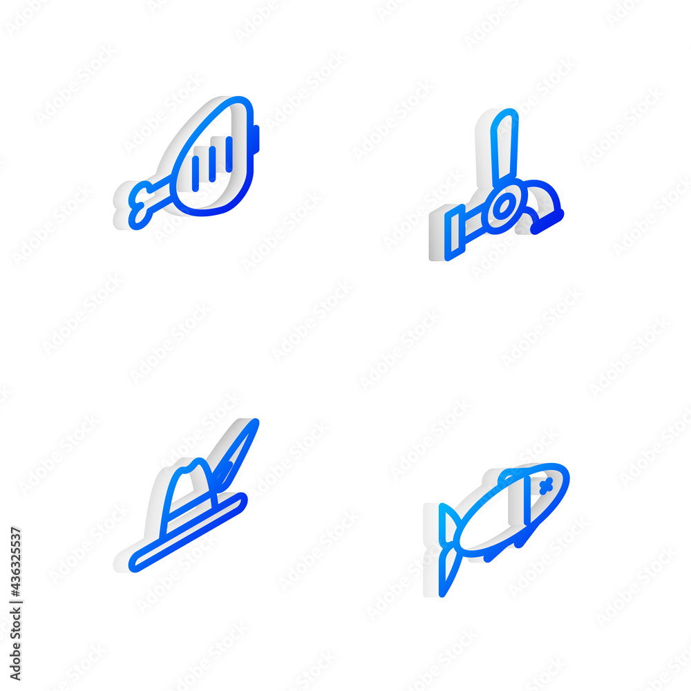 Set Isometric line Beer tap, Chicken leg, Oktoberfest hat and Fish icon. Vector Set Isometric line Beer tap, Chicken leg, Oktoberfest hat and Fish icon. Vector