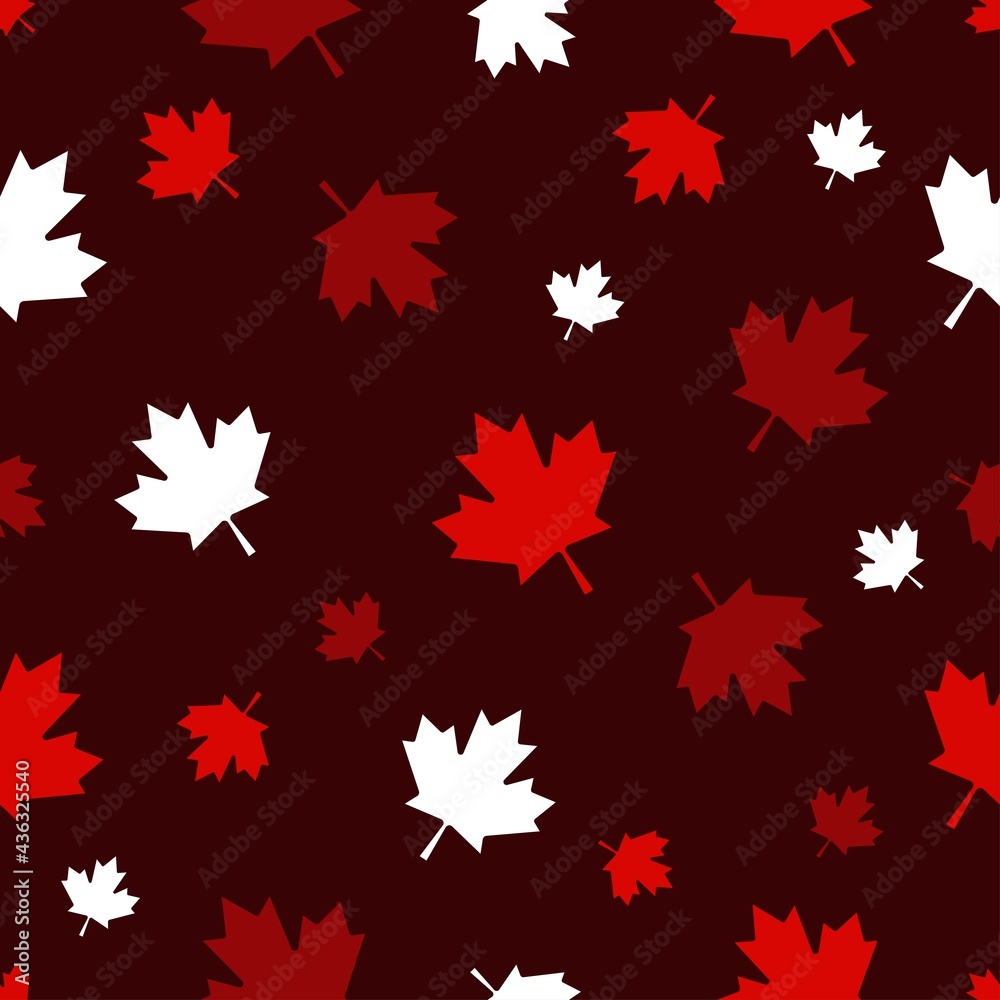 Canada Day Vector Seamless Patterns in White Maple Leaf on red background. Vector background. Happy Celebration Banner. 1st July. Texture for fabrics, cards, fabrics, posters, boxes, packages, gifts.
