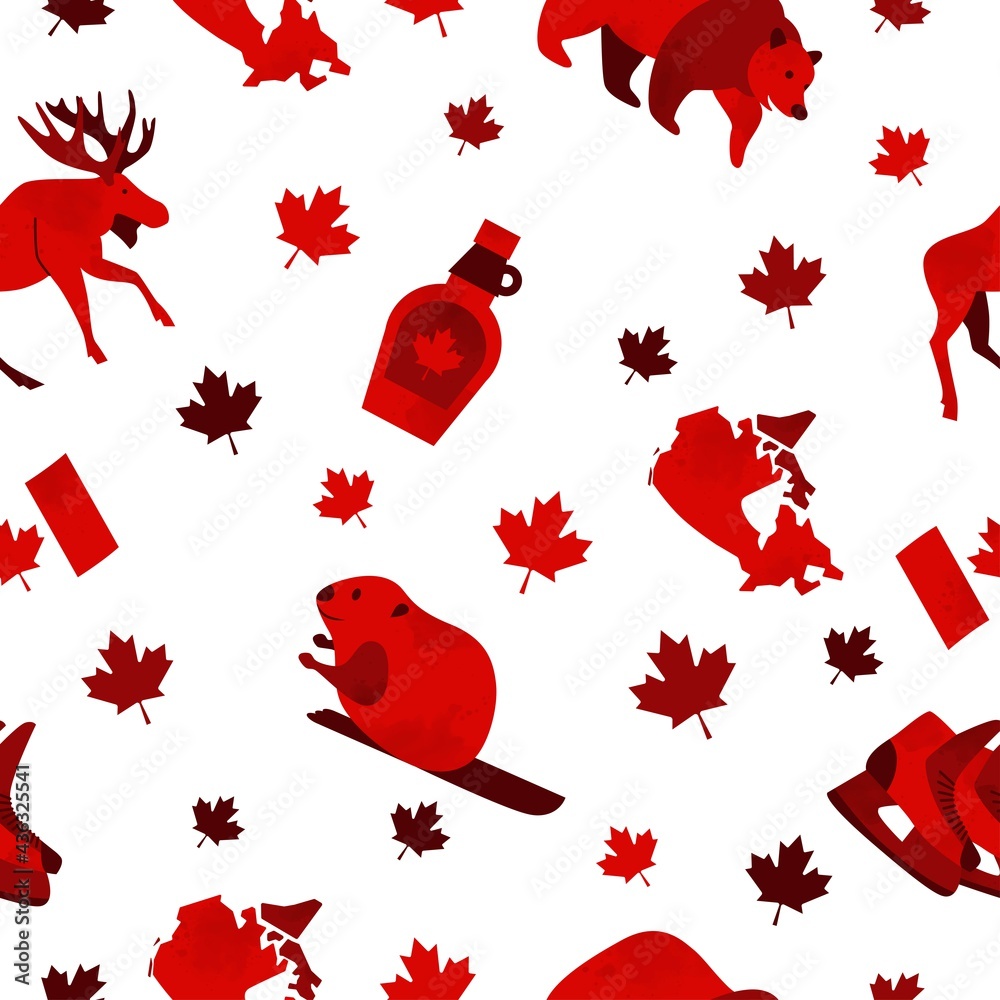 Canada Day Vector Seamless Patterns with Red national and traditional symbols on white background.Celebration Banner. 1st July. Texture for fabrics, cards, fabrics, posters, boxes, packages, gifts