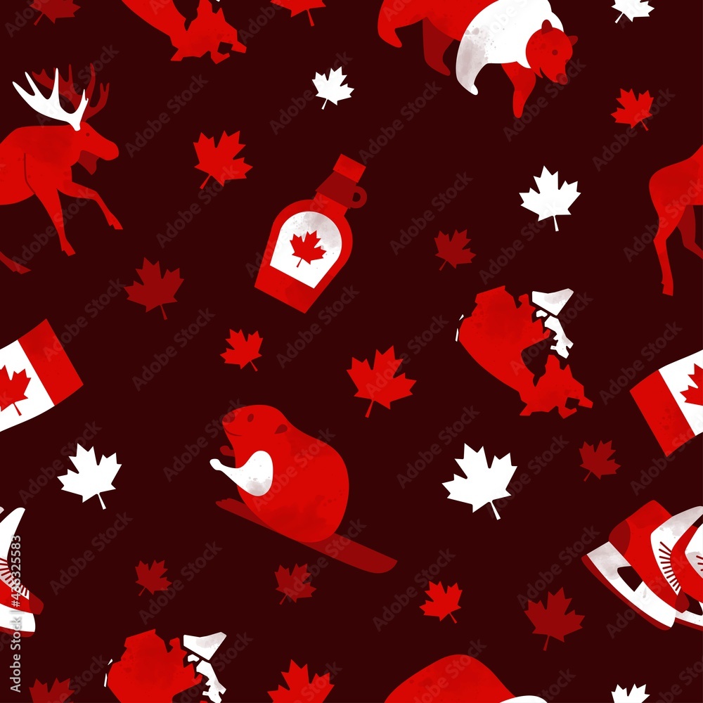 Canada Day Vector Seamless Patterns with Red and white national and traditional symbols on red background. Celebration Banner. 1st July. Texture for fabrics, cards, fabrics, posters, boxes, packages
